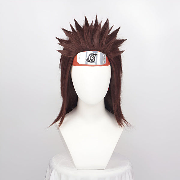 Perruque brune avec bandeau frontal rouge et symbole de Konohagakure. Accessoire de cosplay Naruto.