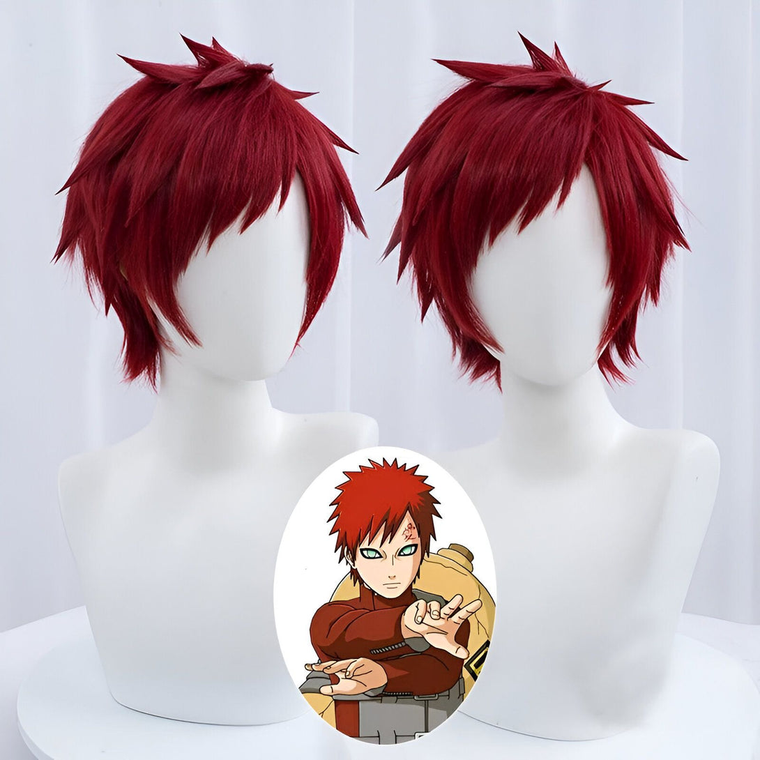 Perruque rouge pour cosplay de Naruto, ressemblant aux cheveux de Gaara. Deux perruques sur des mannequins, avec un dessin de Gaara en bas à droite.