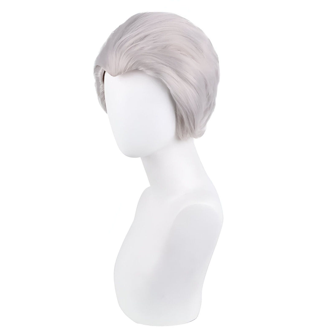 Perruque grise courte et droite portée sur un mannequin blanc.