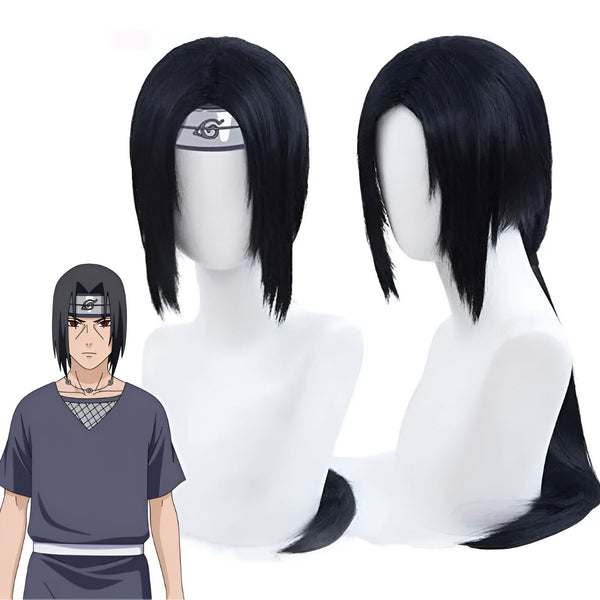 Perruque noire pour cosplay de l'anime Naruto, avec un bandeau représentant le symbole Akatsuki. La perruque est présentée sur une tête de mannequin et à côté d'un personnage de l'anime.
