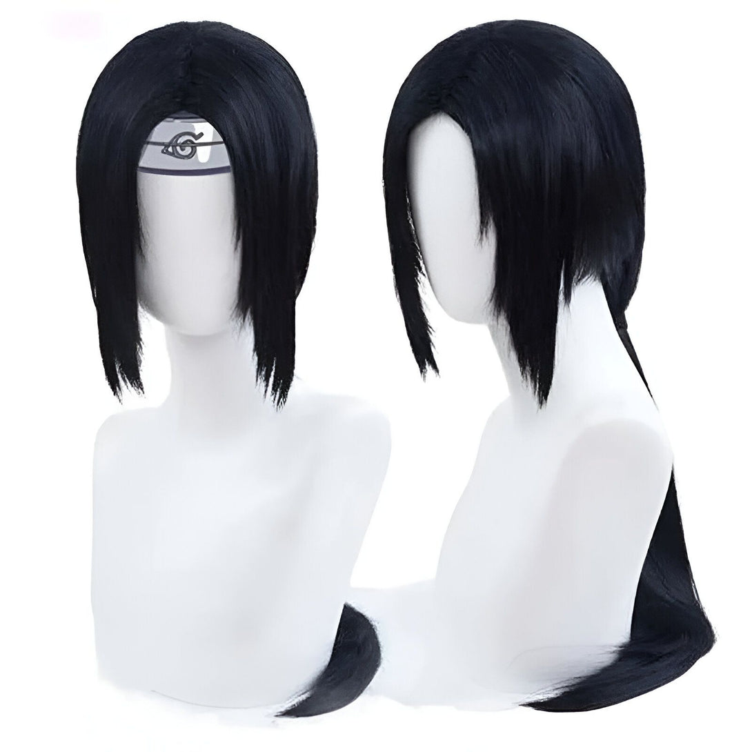 Perruque noire de cosplay de Sasuke Uchiha de Naruto avec un bandeau Sharingan, vue de face et de profil.  Accessoire parfait pour les fans de Naruto.