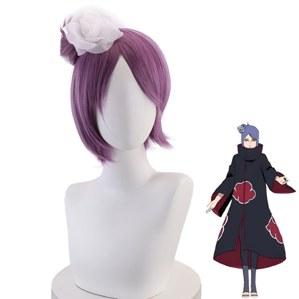 Perruque violette courte avec une fleur blanche, idéale pour un cosplay de Konan, un personnage de l'anime Naruto.