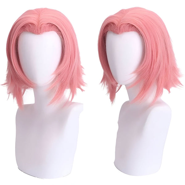 Perruque rose courte de cosplay Naruto, idéale pour se déguiser en Sakura Haruno. La perruque est posée sur un mannequin et est présentée de face et de profil.