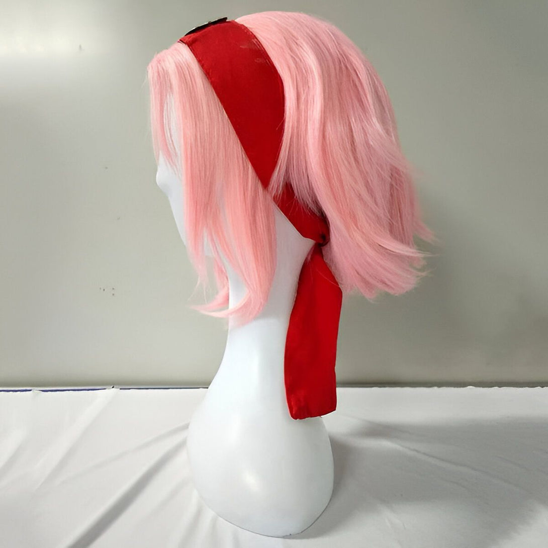 Perruque rose avec un bandeau rouge, un accessoire de cosplay Naruto.