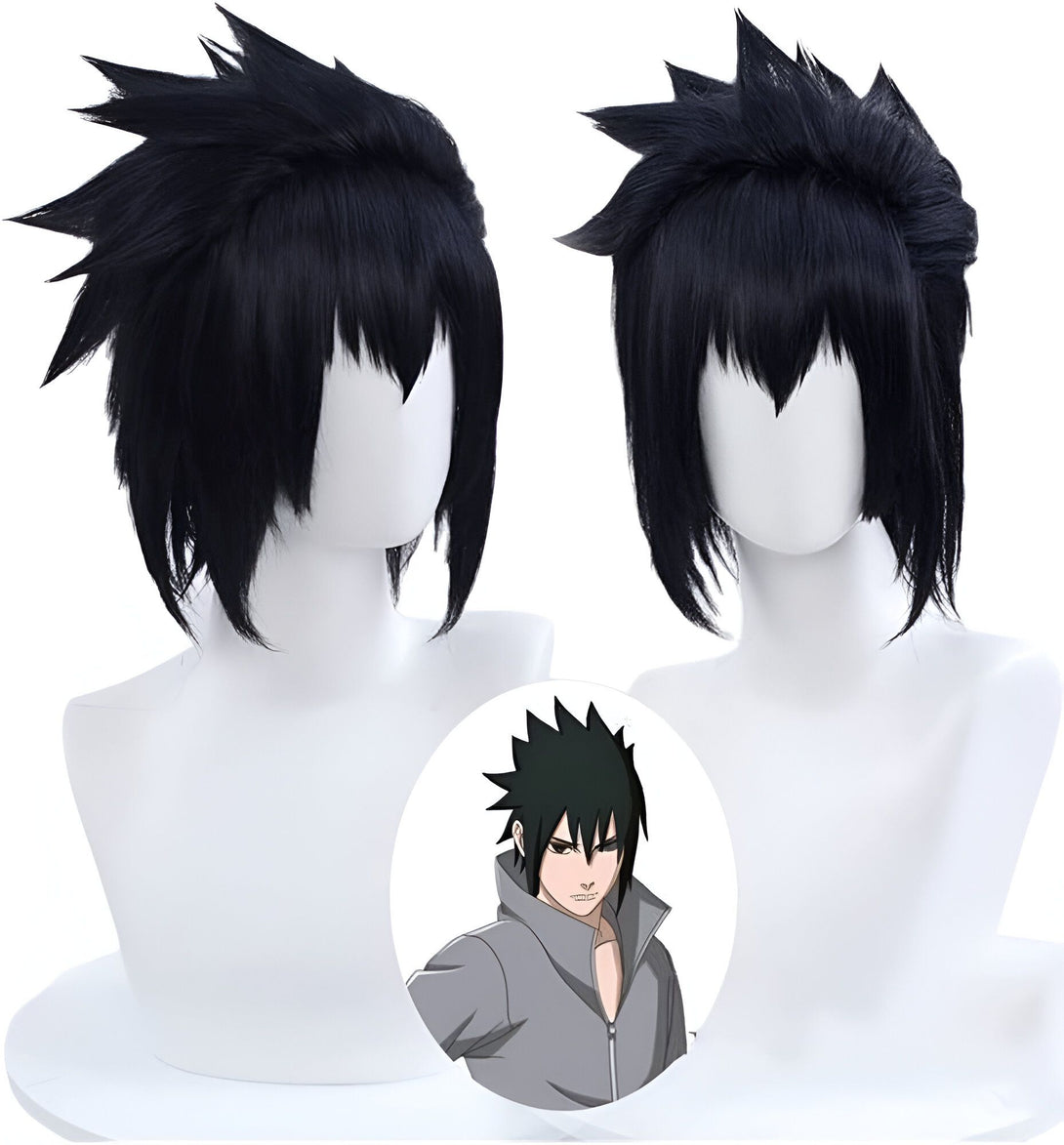 Perruque noire de cosplay de Sasuke Uchiha de Naruto avec deux angles de vue différents.