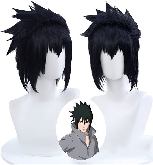 Perruque noire de cosplay de Sasuke Uchiha de Naruto avec deux angles de vue différents.