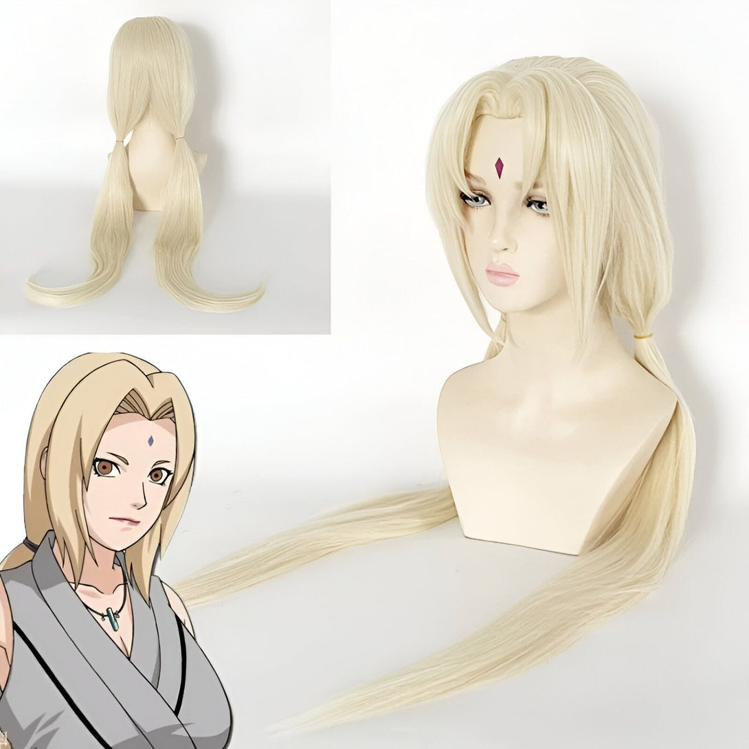 Perruque blonde de Tsunade de Naruto, cosplay, avec deux queues de cheval.  La perruque est sur un mannequin de tête.