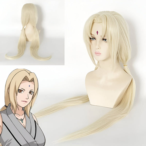 Perruque blonde de Tsunade de Naruto, cosplay, avec deux queues de cheval.  La perruque est sur un mannequin de tête.
