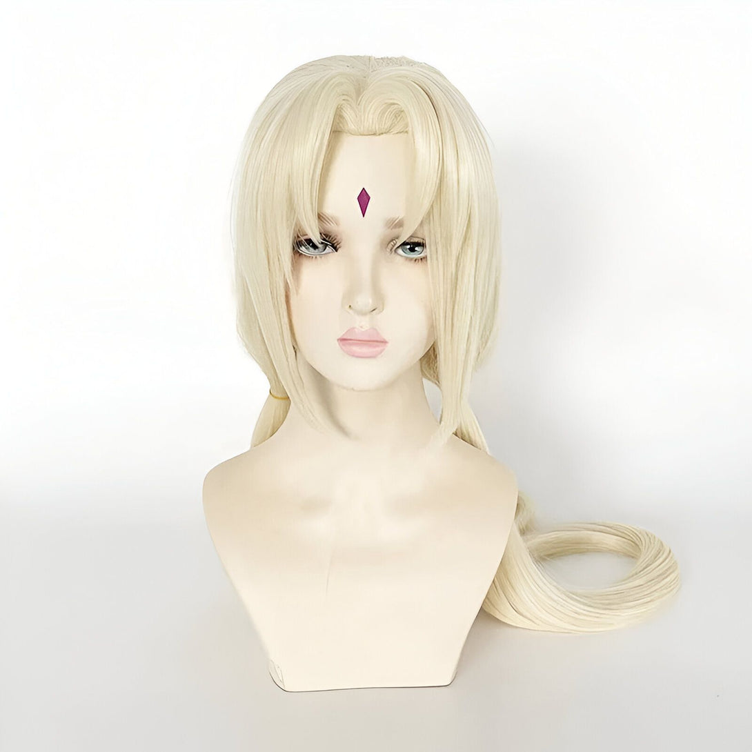 Perruque blonde avec une tresse, idéale pour un cosplay de Naruto. La perruque est présentée sur un mannequin avec un visage neutre.