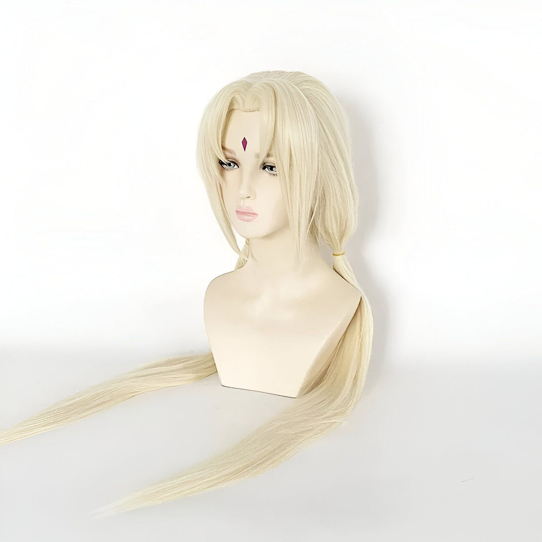 Perruque blonde de cosplay Naruto avec un diamant rouge sur le front.