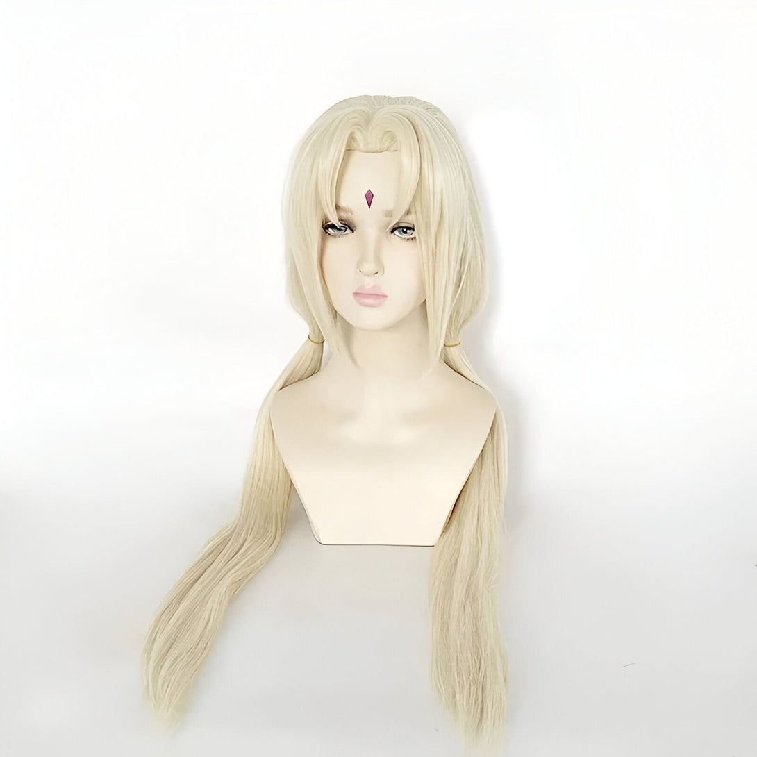 Perruque blonde de cosplay Naruto avec deux queues de cheval et un symbole rouge sur le front.