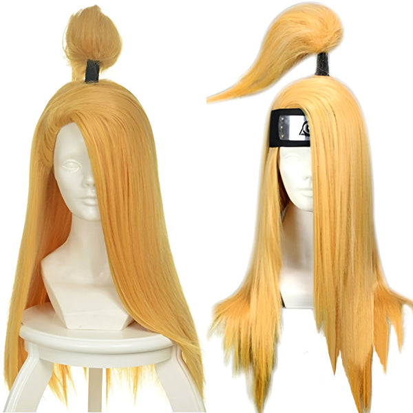 Perruque blonde de cosplay Naruto avec bandeau Akatsuki, idéale pour se déguiser en personnage de l'univers Naruto.