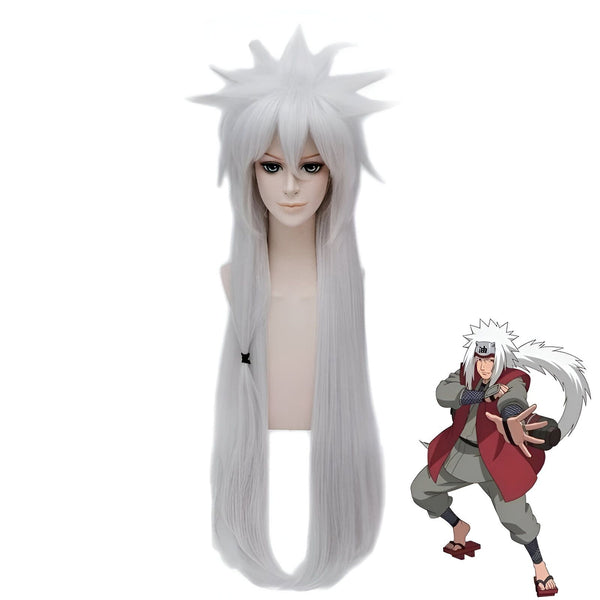 Perruque blanche de cosplay de Naruto pour adultes, ressemblant à la coiffure de Jiraiya, un personnage populaire du manga et de l'anime Naruto.