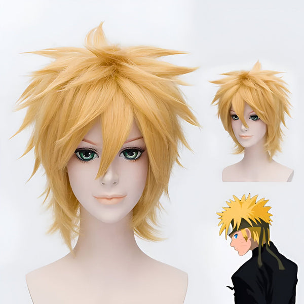 Perruque blonde pour cosplay, inspiré du personnage Naruto Uzumaki de l'anime Naruto. La perruque est présentée sur un mannequin avec une vue de face et de profil, ainsi qu'une image du personnage Naruto Uzumaki.