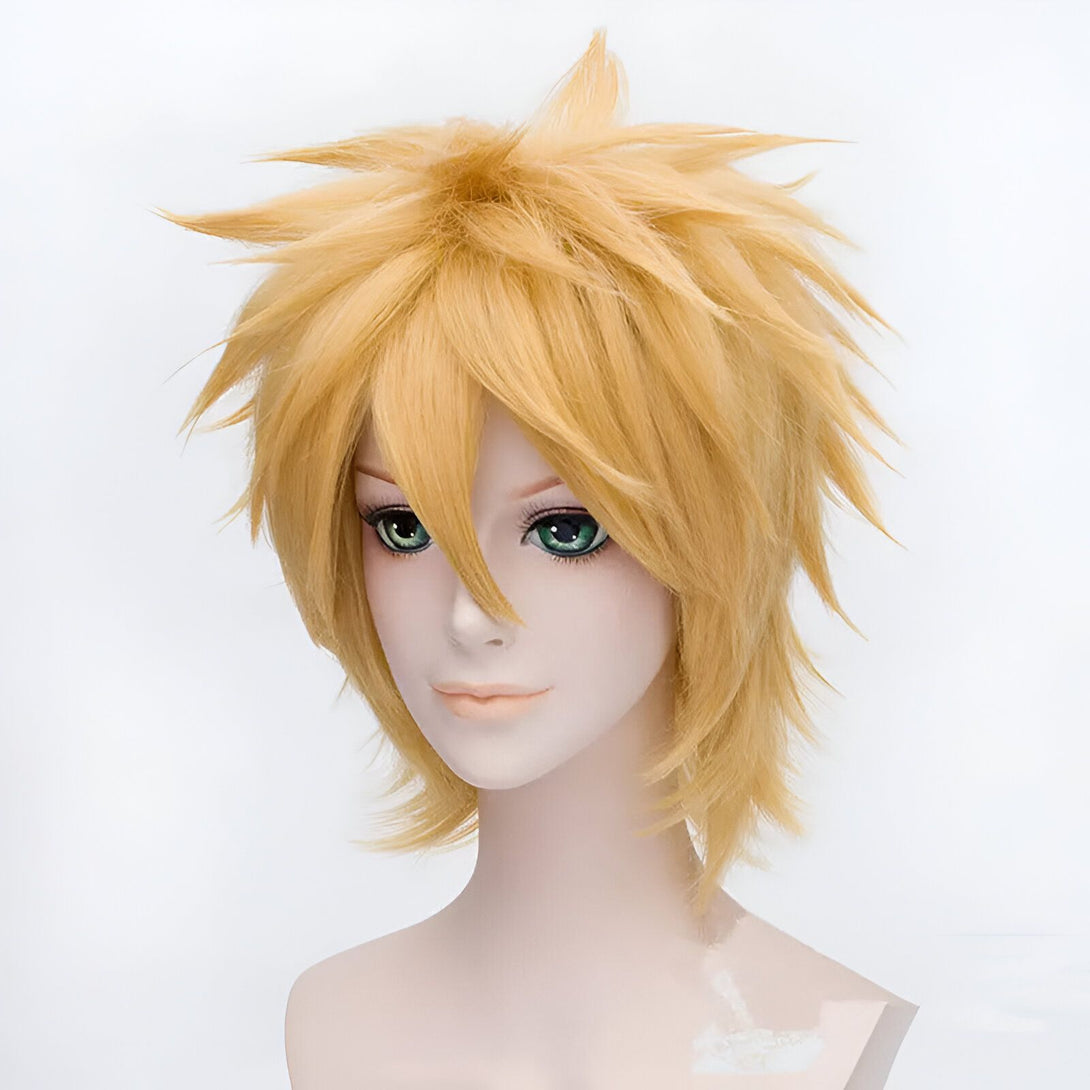 Perruque blonde courte et hérissée, idéale pour les cosplays de personnages comme Naruto Uzumaki.