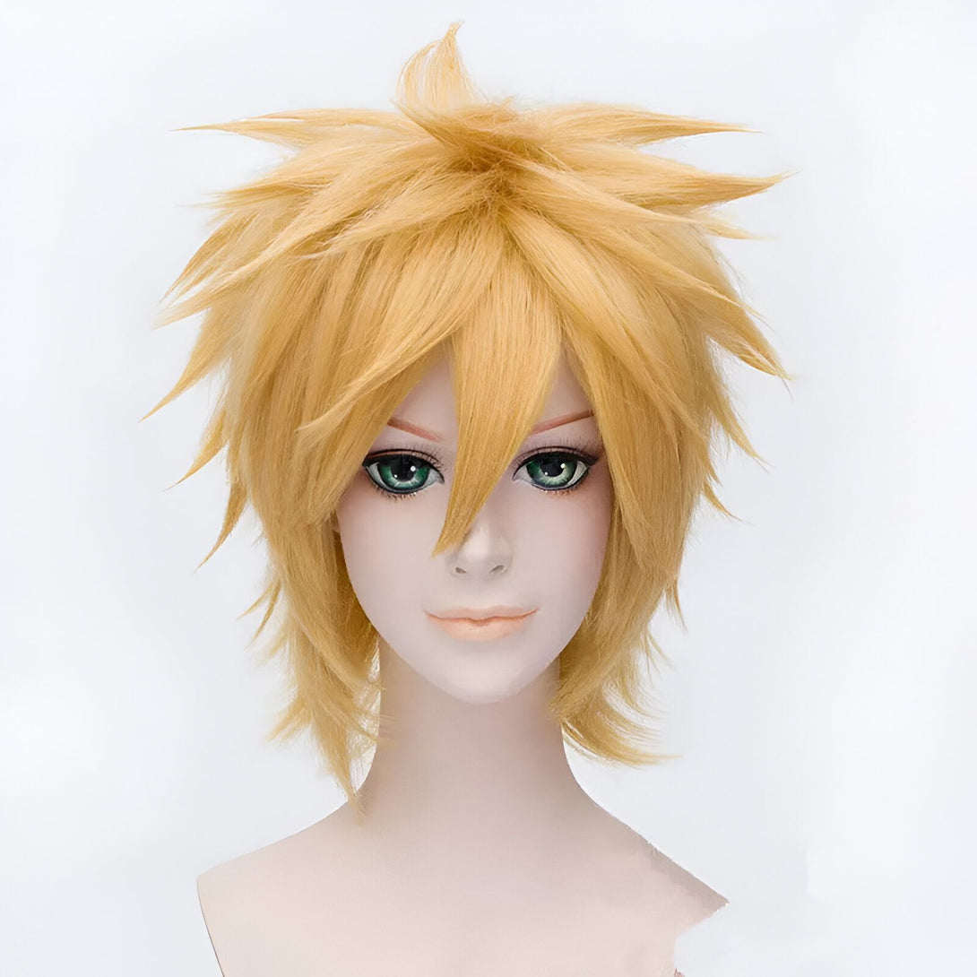 Perruque blonde courte et pointue, parfaite pour un cosplay de Naruto.