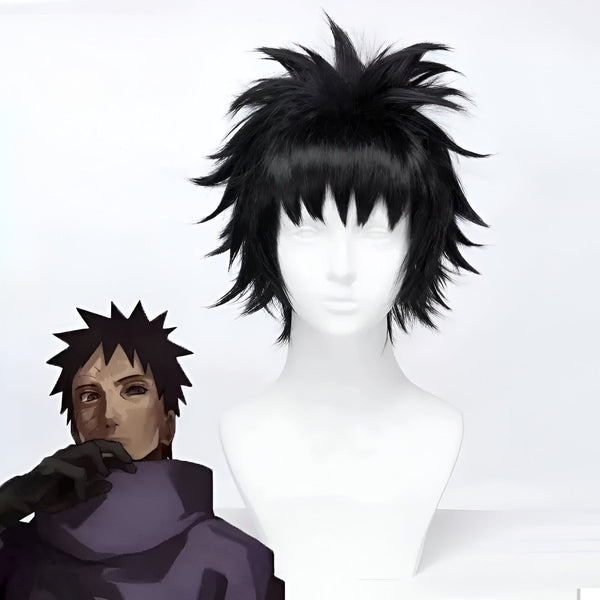 Perruque noire pour cosplay de Pain de Naruto, avec une représentation de Pain sur le côté gauche de l'image.
