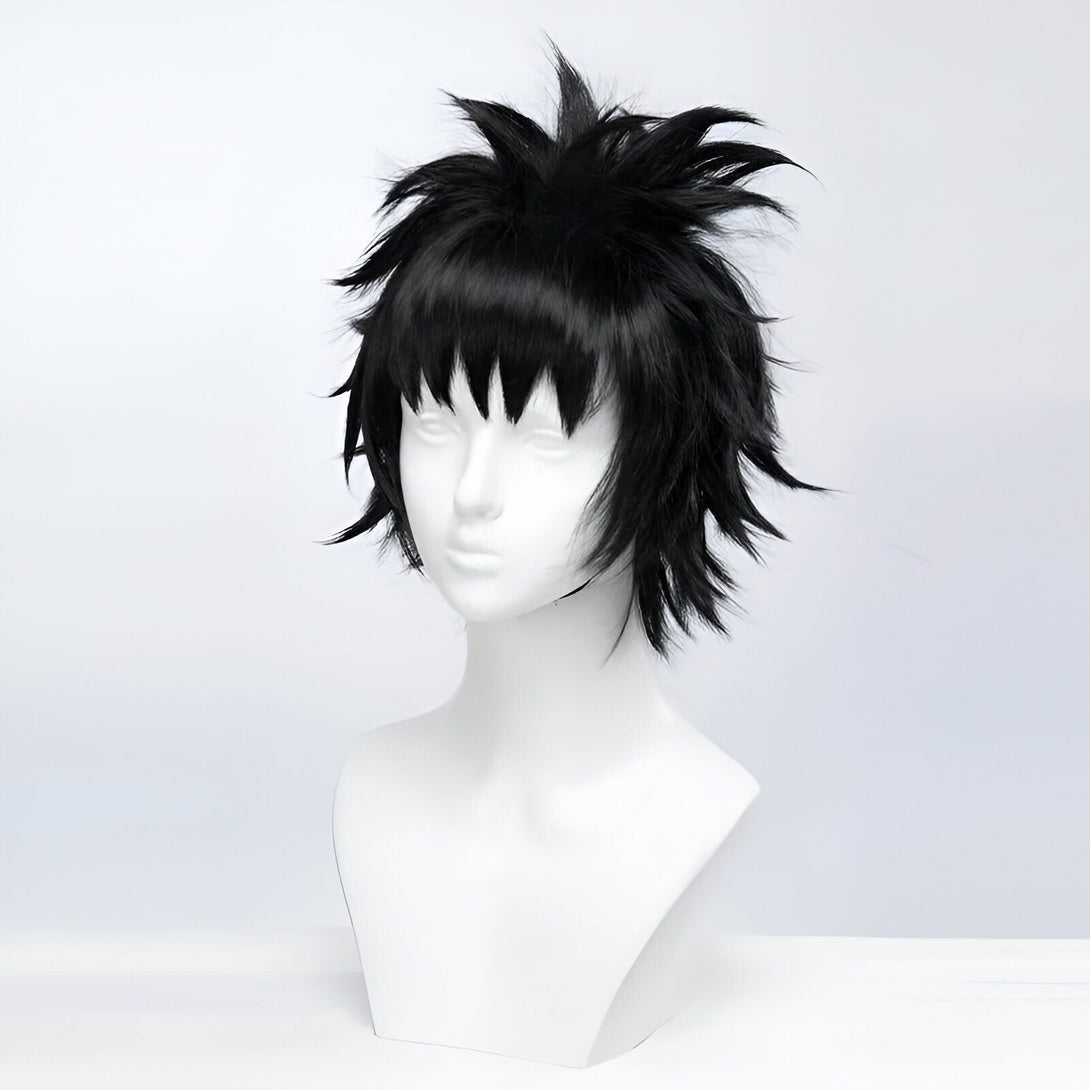 Perruque noire courte et hérissée pour cosplay, parfaite pour les fans de Naruto.