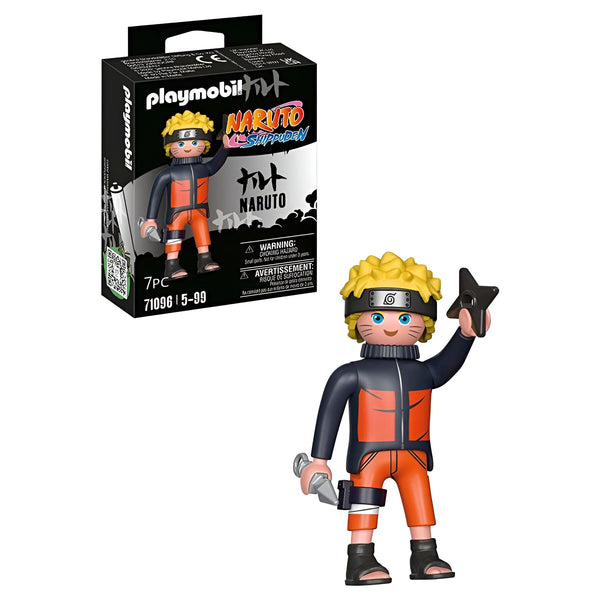 Figurines Playmobil Naruto Shippuden avec Naruto tenant des shurikens.  La boîte montre Naruto avec son costume orange et noir.  Il est prêt pour l'action !  Un excellent cadeau pour les fans de Naruto.