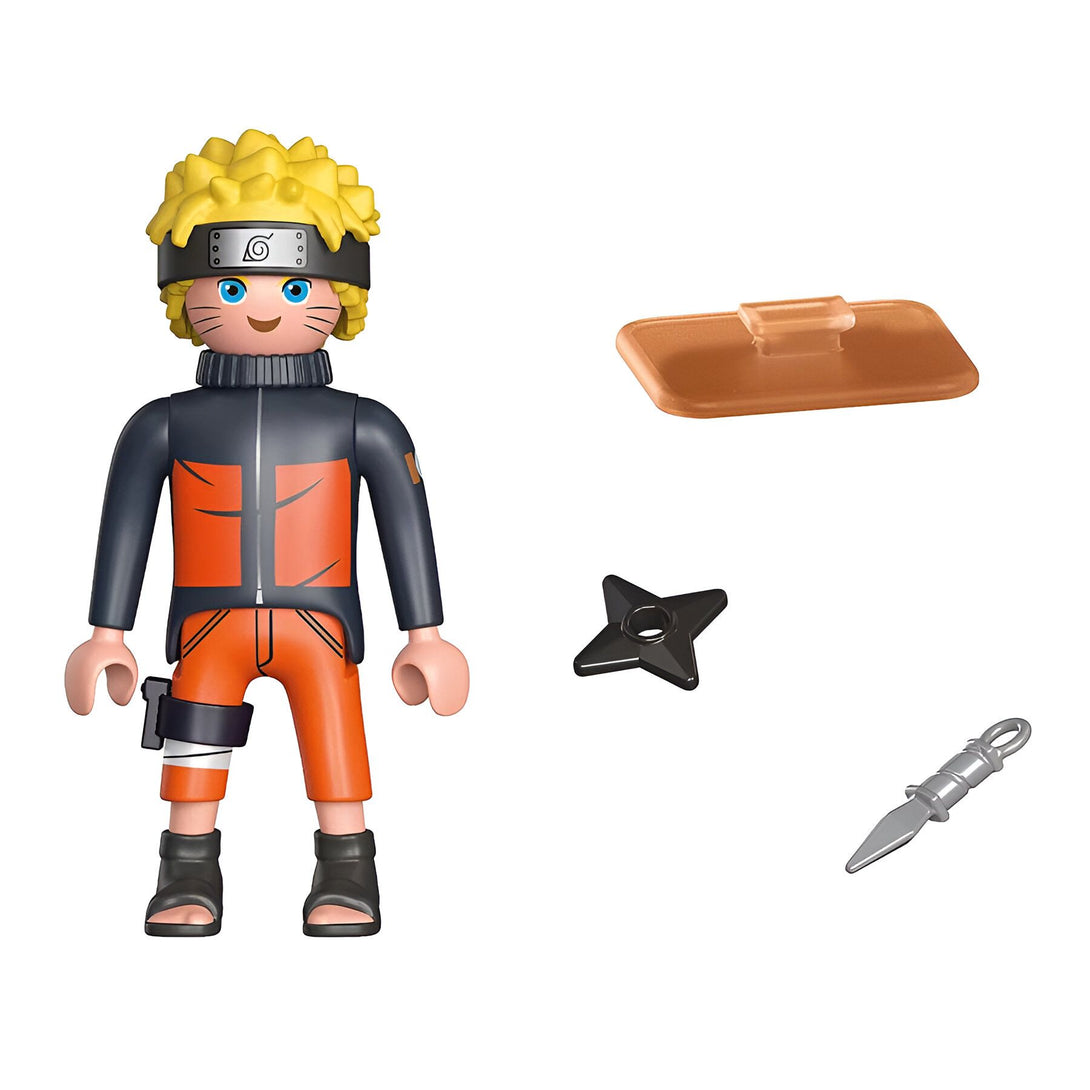 Naruto, le célèbre personnage de l'anime Naruto, en figurine avec son bandeau frontal, ses kunais et son shuriken.