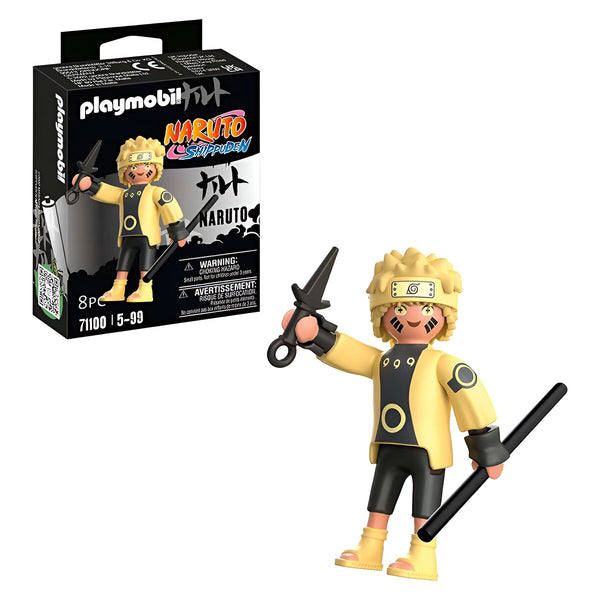 Naruto Uzumaki, le célèbre personnage de l'anime Naruto Shippuden, en figurine Playmobil. Il porte sa tenue jaune emblématique avec les neuf queues, et est armé de ses katanas.
