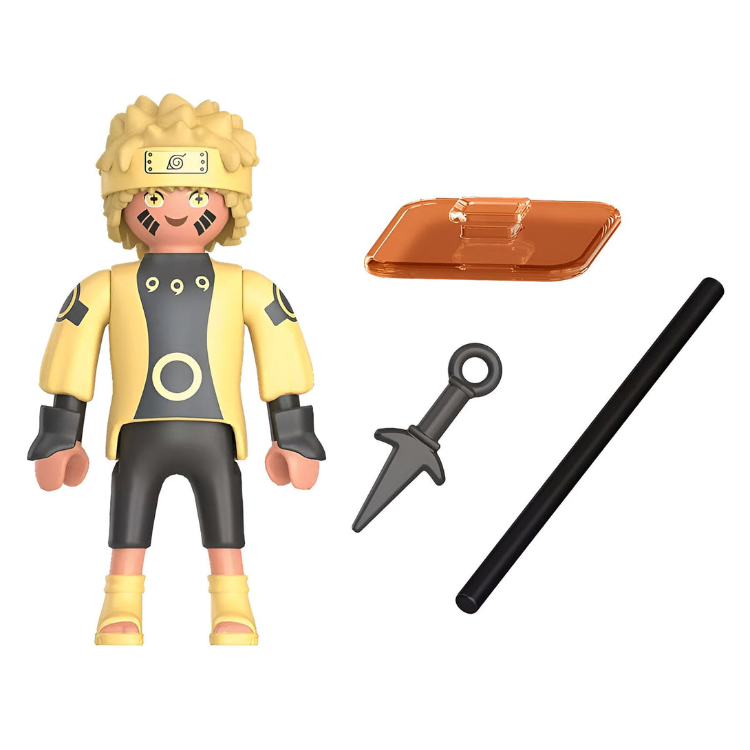 Naruto, le personnage principal de l'anime Naruto, est représenté dans sa tenue emblématique jaune avec le symbole de l'Uzumaki sur le dos. Il est accompagné d'un support transparent, d'un kunai et d'un bâton noir. Cette figurine est un must-have pour tous les fans de Naruto.