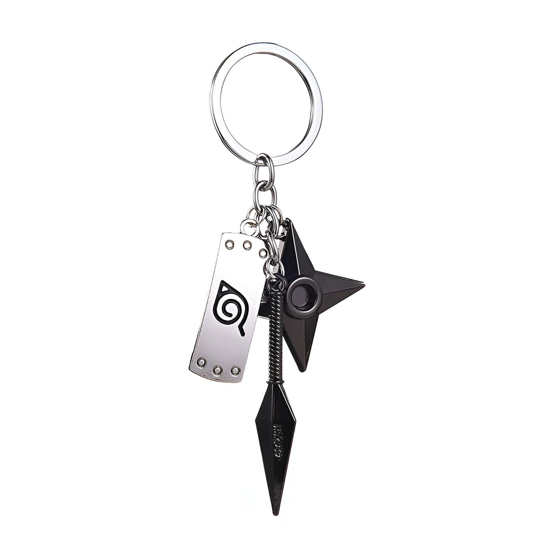 Porte-clés Naruto avec un pendentif représentant le symbole du village caché de Konoha, un shuriken et un kunai.