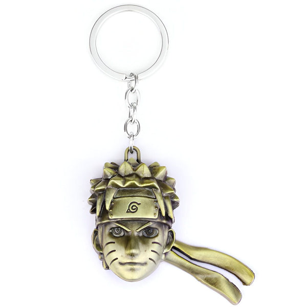 Porte-clés en métal représentant Naruto Uzumaki, personnage de l'anime Naruto, avec son headband et son emblème.