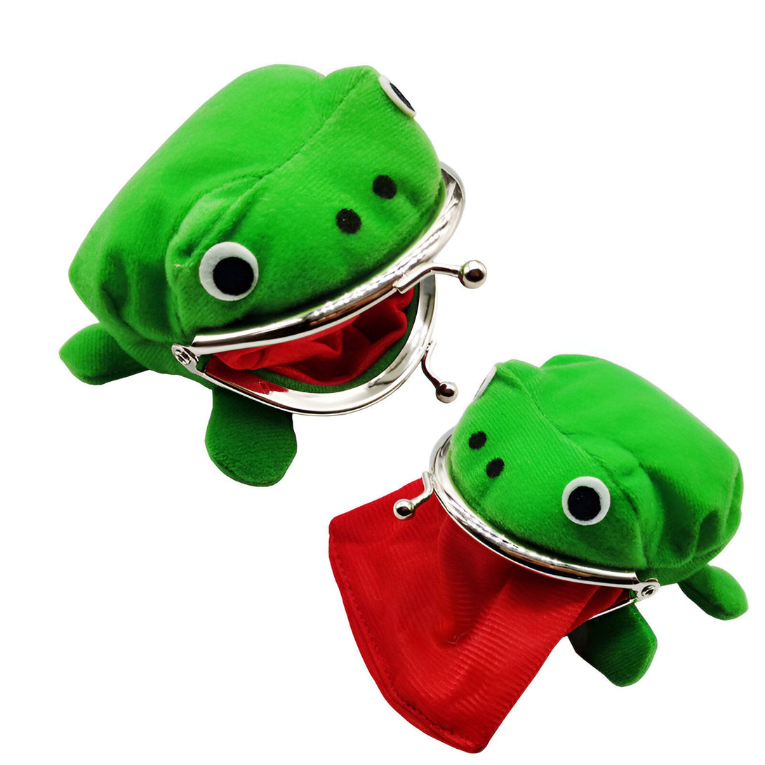Deux porte-monnaie en forme de grenouille verte avec une doublure rouge ouverte.  Parfait pour les fans de Naruto !