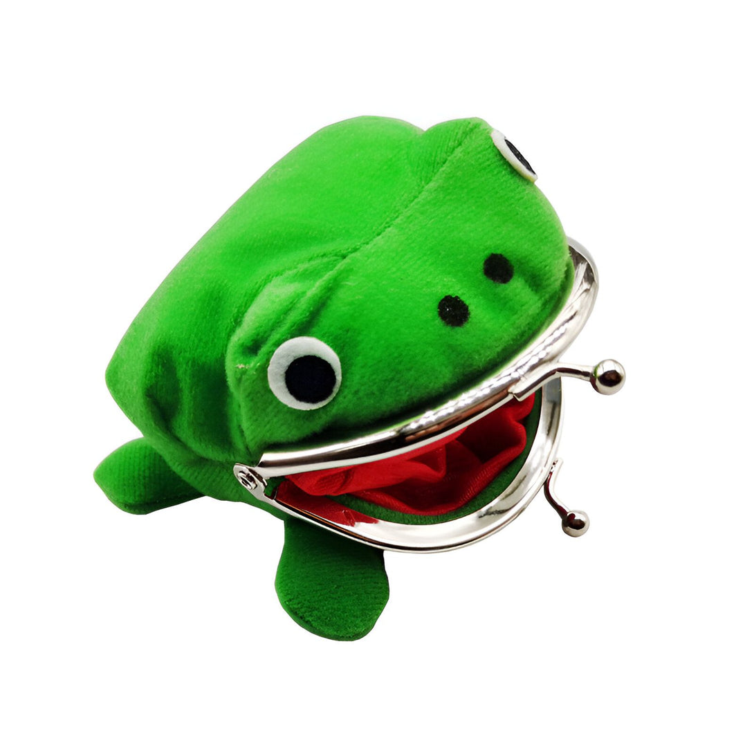 Porte-monnaie en peluche en forme de grenouille verte avec une bouche ouverte et une fermeture éclair argentée.