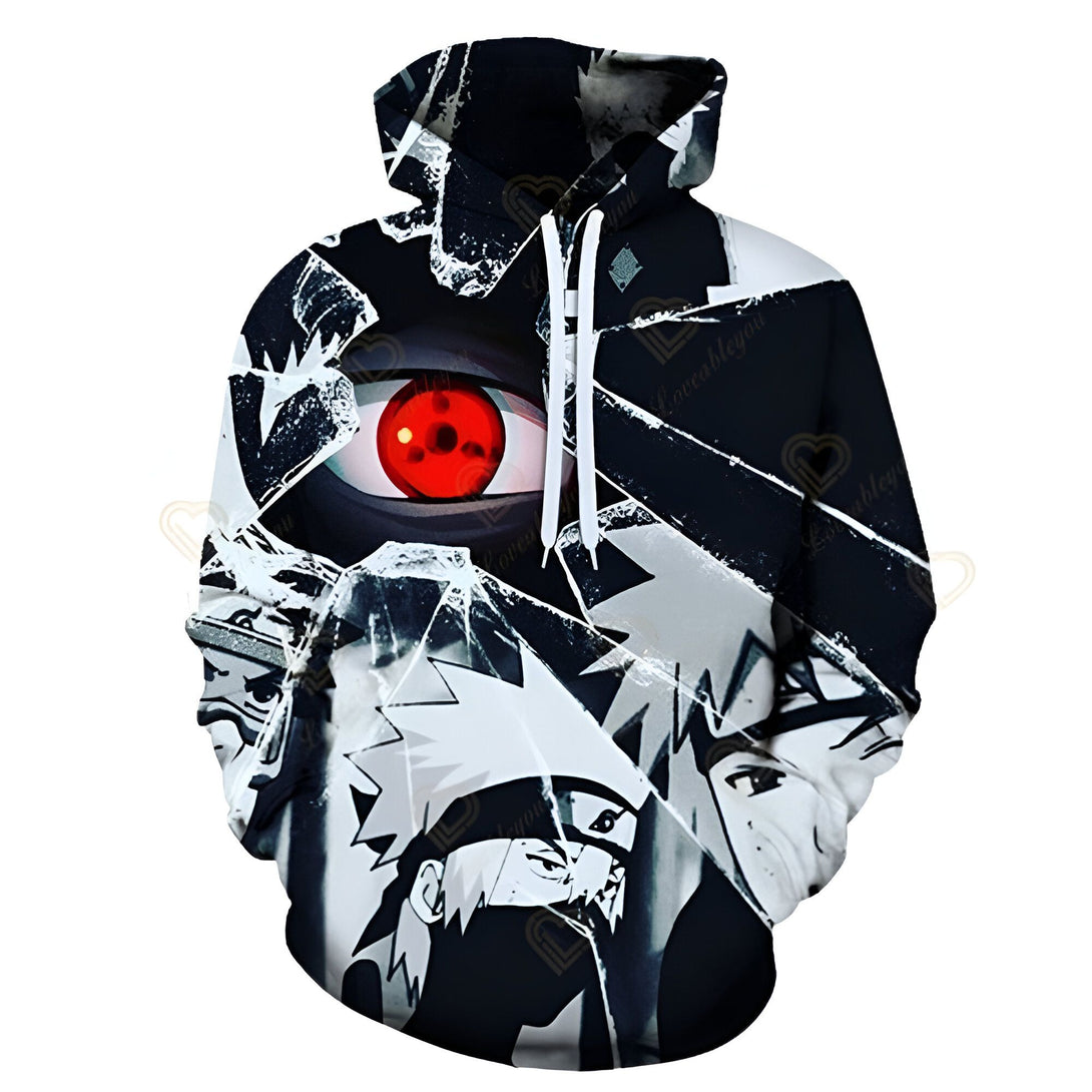 Sweat-shirt à capuche Naruto avec l'oeil de Sharingan de Kakashi Hatake sur fond de verre brisé.