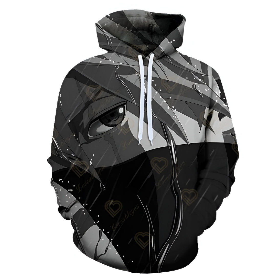 Sweat-shirt à capuche Naruto avec un motif de Kakashi Hatake avec son Sharingan et une pluie tombant sur lui.  Parfait pour les fans de Naruto!