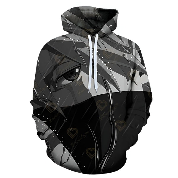 Sweat-shirt à capuche Naruto avec un motif de Kakashi Hatake avec son Sharingan et une pluie tombant sur lui.  Parfait pour les fans de Naruto!