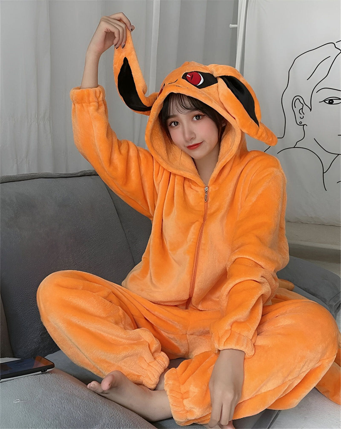 Pyjama en molleton orange avec capuche en forme de renard à neuf queues, idéal pour les fans de Naruto.