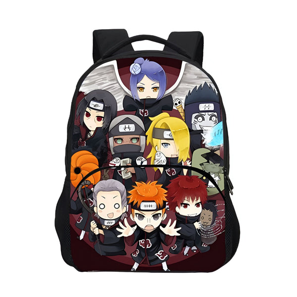 Sac à dos noir avec un motif de personnages de l'anime Naruto, y compris Pain, Konan, Kisame, Deidara, Itachi, Sasori, Hidan, Kakuzu, Zetsu et Obito.