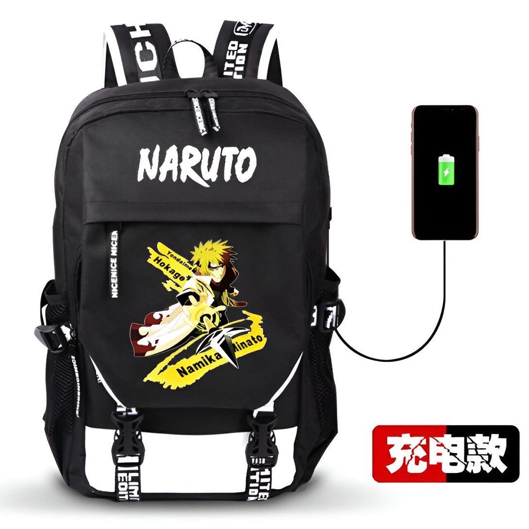 Sac à dos noir avec le logo Naruto et un personnage de manga en jaune. Le sac à dos dispose d'un port de charge USB pour recharger un téléphone. Le texte "充电器" est en chinois et signifie "chargeur".