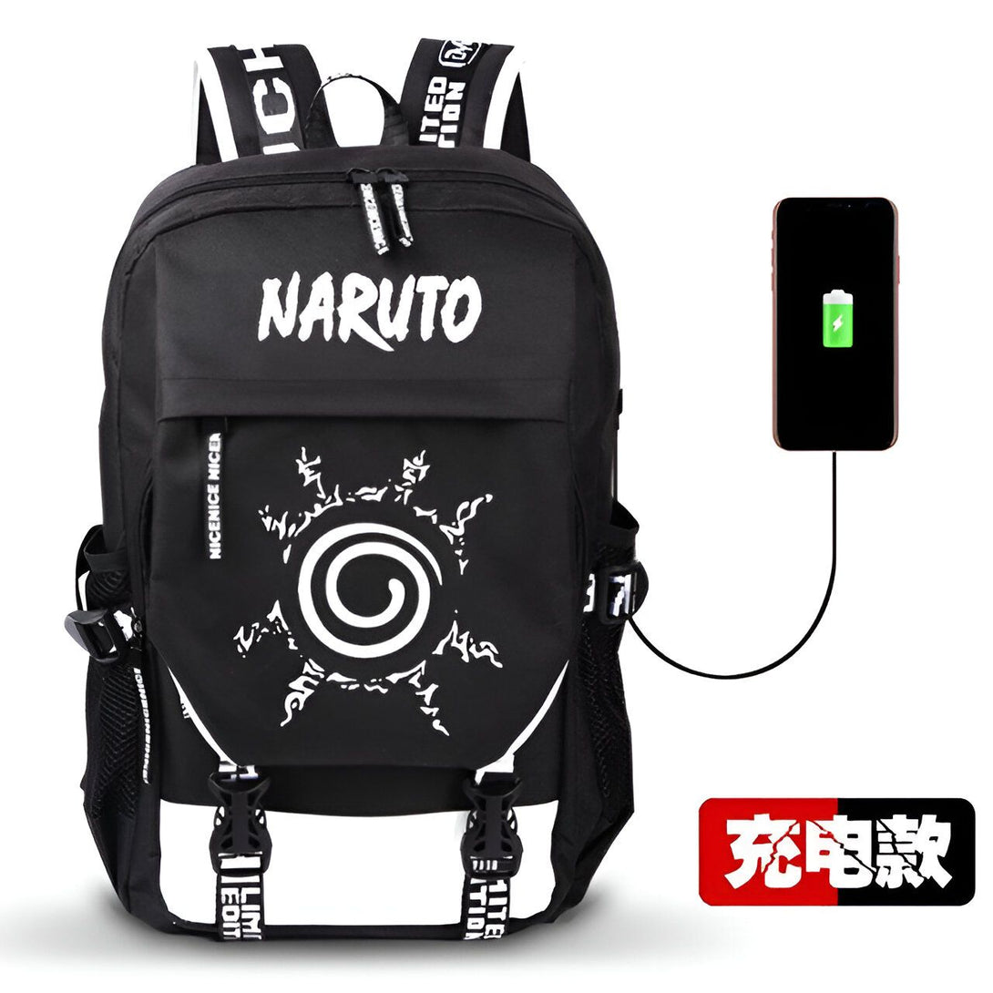 Sac à dos Naruto noir avec le symbole du clan Uchiwa et la possibilité de charger un téléphone portable.  Un accessoire indispensable pour les fans de Naruto !