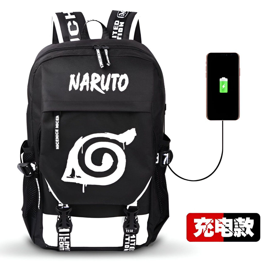 Sac à dos noir avec le logo de Naruto et le symbole de la feuille de l'Hokage. Le sac à dos a une poche pour charger les appareils électroniques.