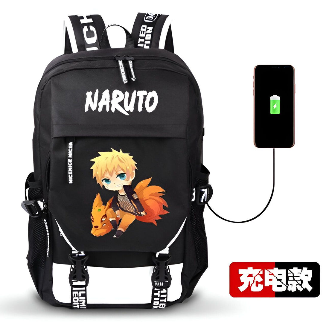 Sac à dos noir avec un design Naruto et un port USB pour charger un téléphone. Le sac à dos est également doté de bretelles réglables et de plusieurs poches pour ranger vos effets personnels.