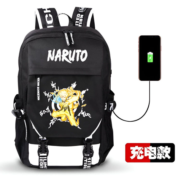 Sac à dos noir avec un design Naruto, incluant une image de Naruto Uzumaki avec le symbole du Rasengan. Le sac à dos a un port USB pour charger votre téléphone, et un logo "Naruto" blanc.