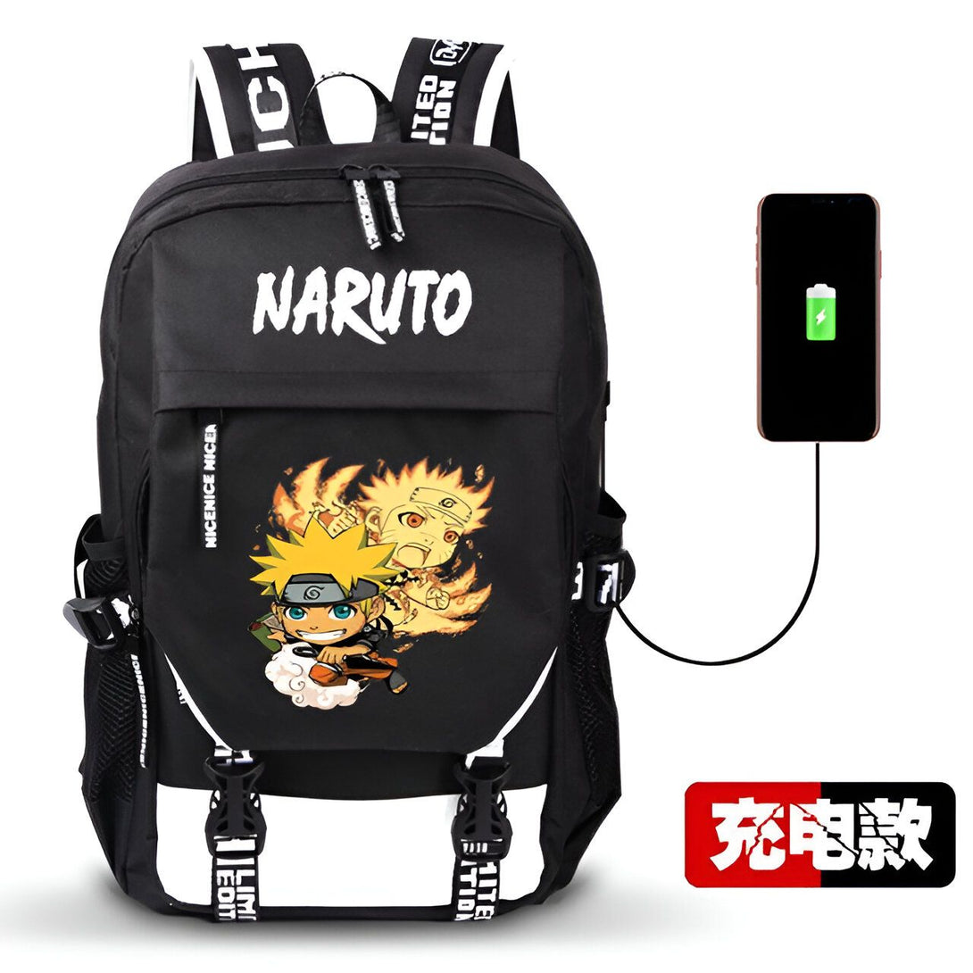 Sac à dos noir avec l'inscription "Naruto" et une image de Naruto Uzumaki et Kurama. Le sac à dos est connecté à un téléphone portable avec un câble USB pour recharger son appareil.