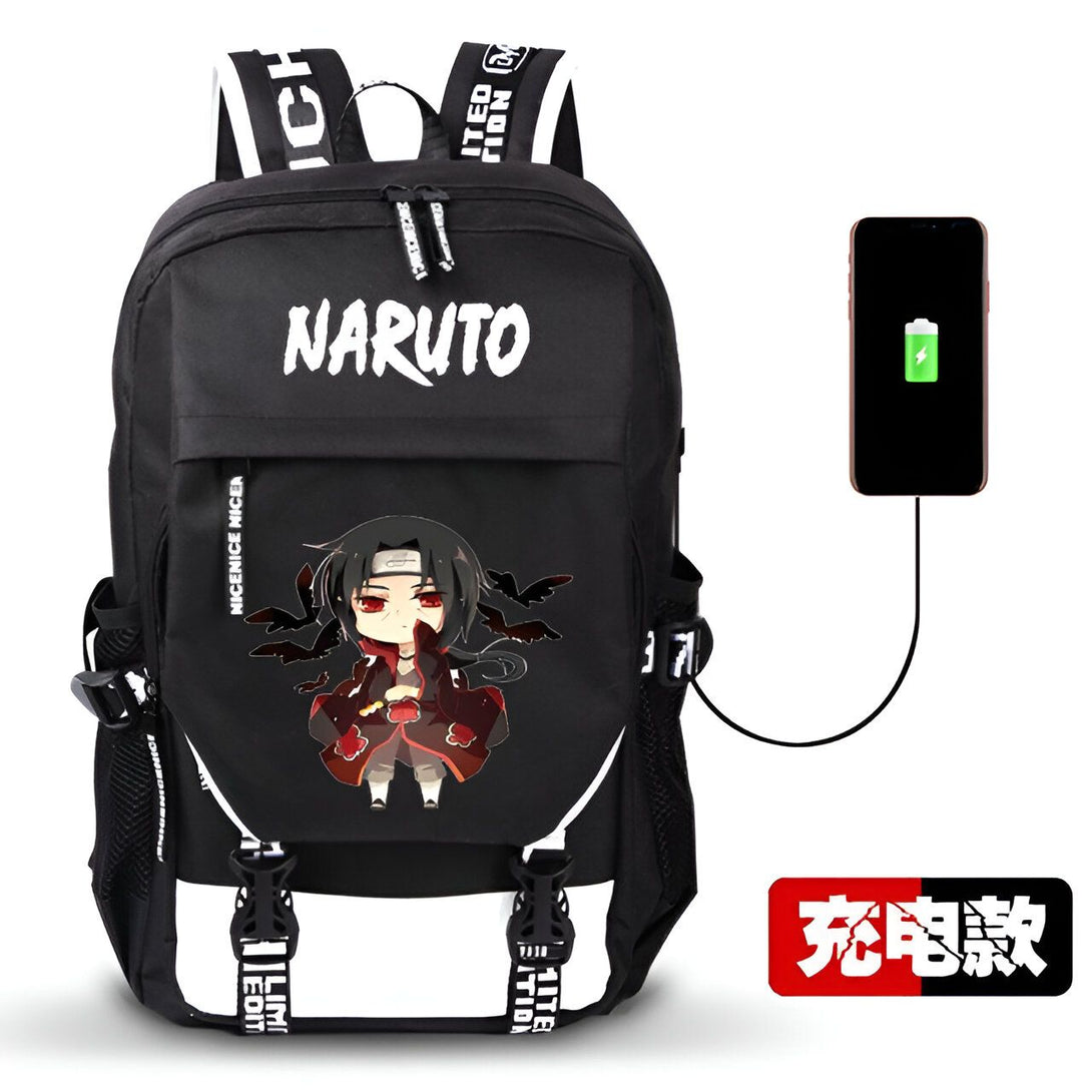 Sac à dos noir avec le logo Naruto et un personnage de l'anime. Le sac à dos a une prise USB pour charger un téléphone portable.