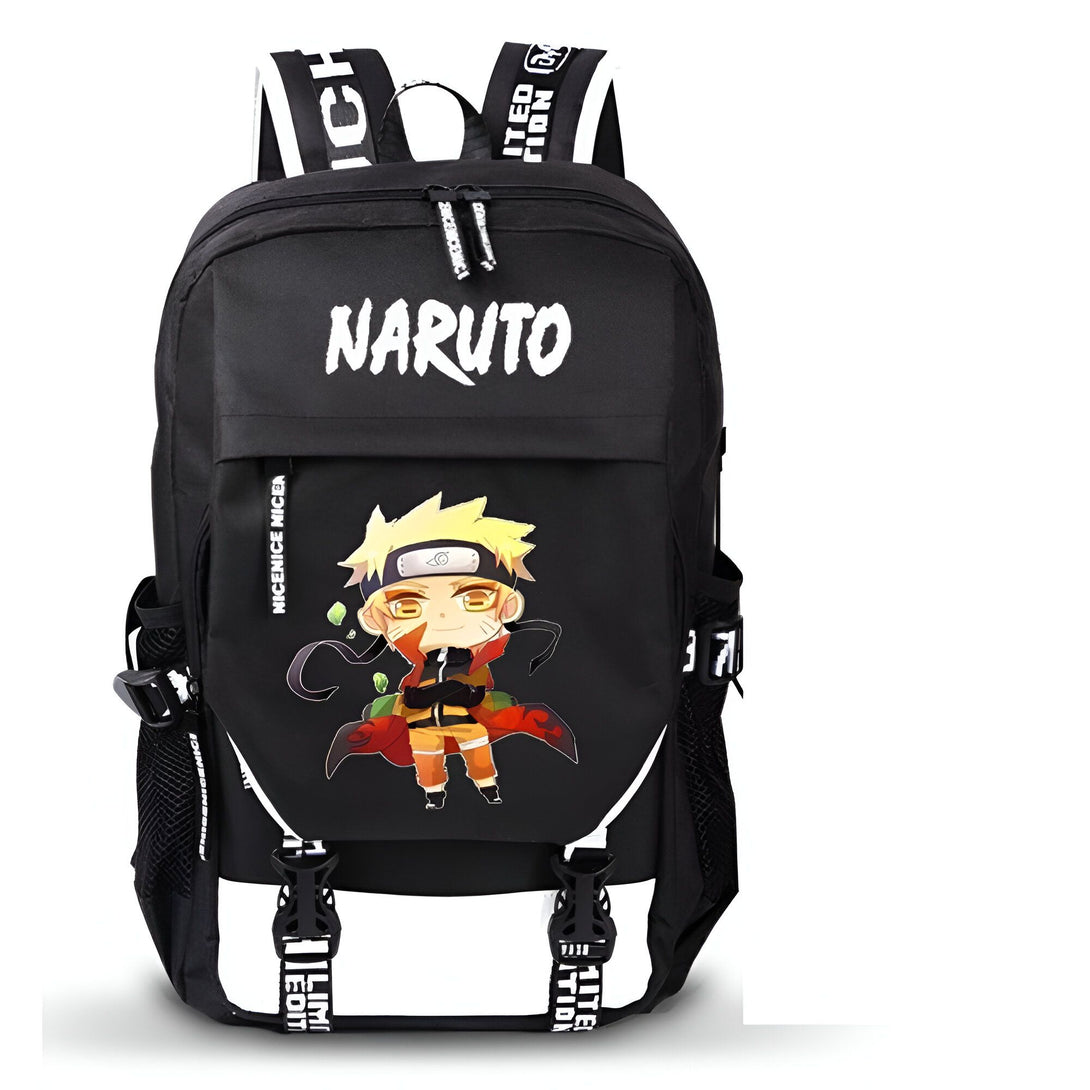 Sac à dos noir avec le logo Naruto et une illustration de Naruto en version chibi.