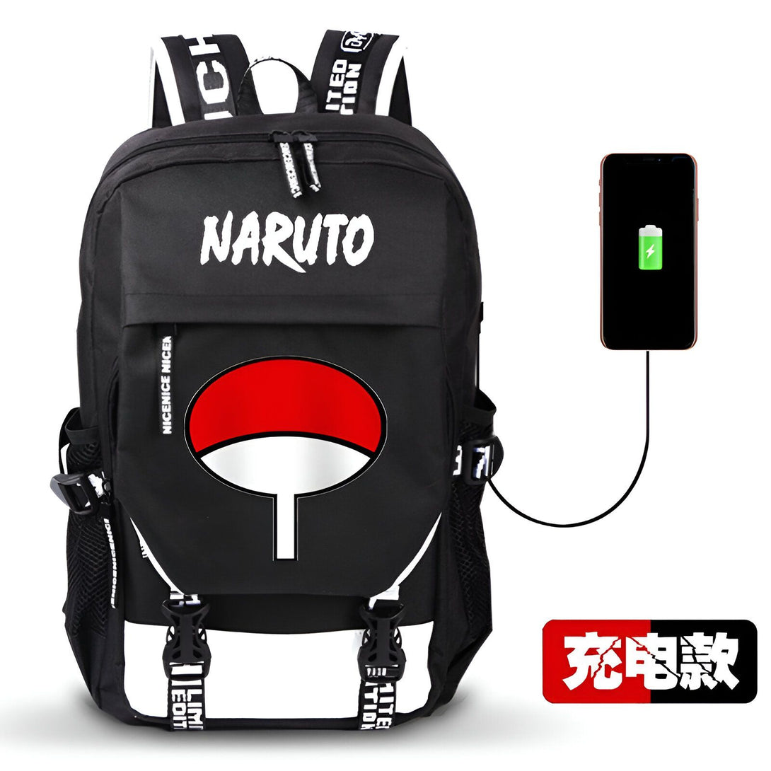 Sac à dos Naruto noir avec le symbole de l'Akatsuki et un port USB pour charger un téléphone.