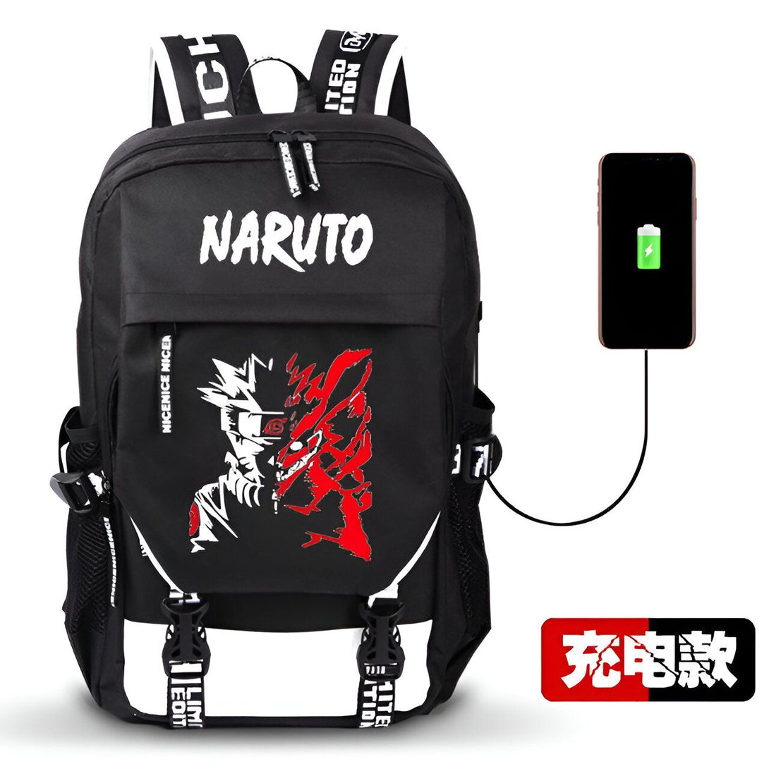 Sac à dos noir avec l'inscription "Naruto" en blanc, illustrant un personnage de l'anime avec des détails rouges. Le sac à dos est doté d'une prise USB pour charger un téléphone portable.
