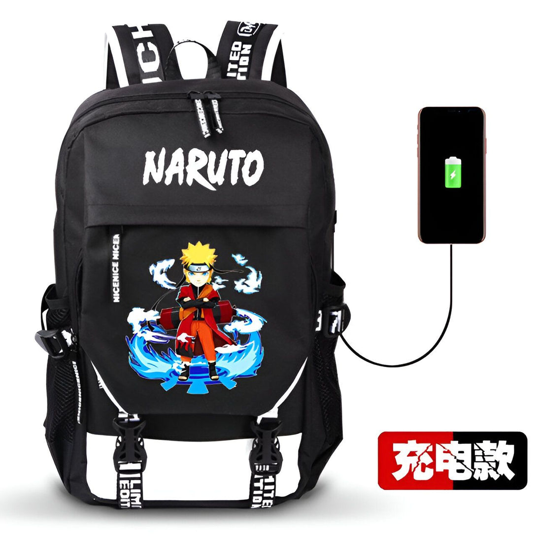 Sac à dos noir avec l'inscription "Naruto" et une image de Naruto Uzumaki. Le sac à dos a un port USB pour charger un appareil mobile. Le sac à dos est idéal pour les fans de Naruto.