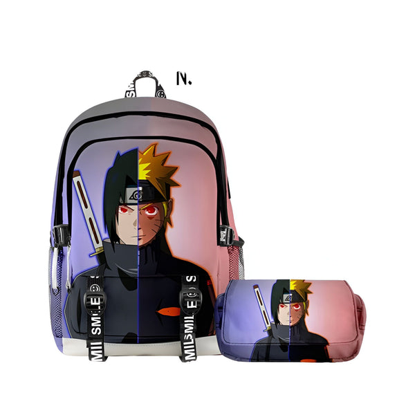 Sac à dos et trousse à crayons Naruto avec les personnages de Sasuke et Naruto sur un fond violet et rose.  Parfait pour les fans de l'anime.