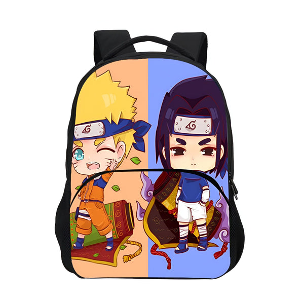 Sac à dos Naruto avec des personnages de Naruto et Sasuke en version chibi sur un fond orange et bleu.
