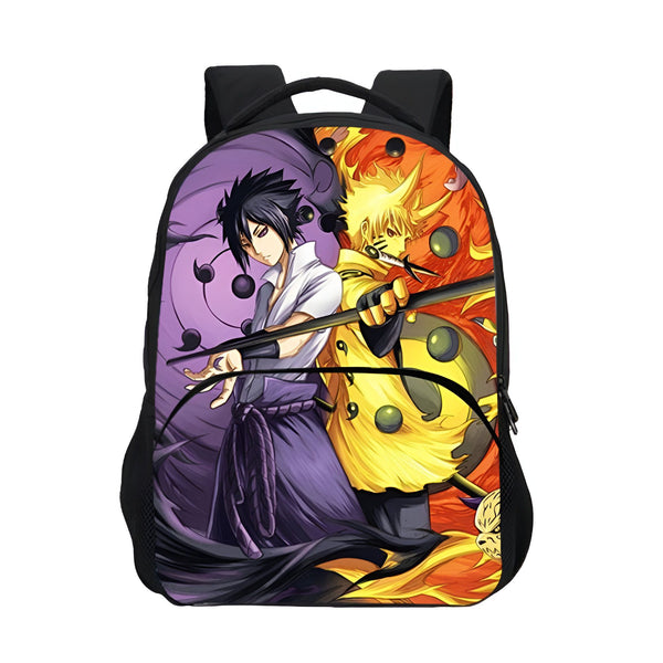 Sac à dos Naruto avec un design de Sasuke et Naruto. Les personnages sont représentés avec leurs techniques spéciales et leurs costumes distinctifs. Ce sac à dos est parfait pour les fans de Naruto.