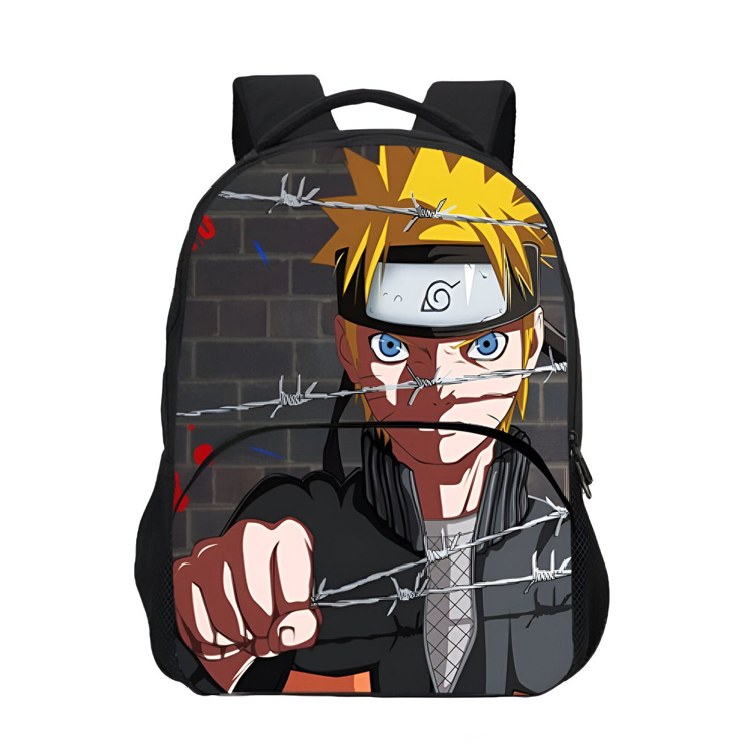 Sac à dos Naruto avec l'image de Naruto Uzumaki, un personnage de l'anime Naruto, avec des barbelés en arrière-plan.